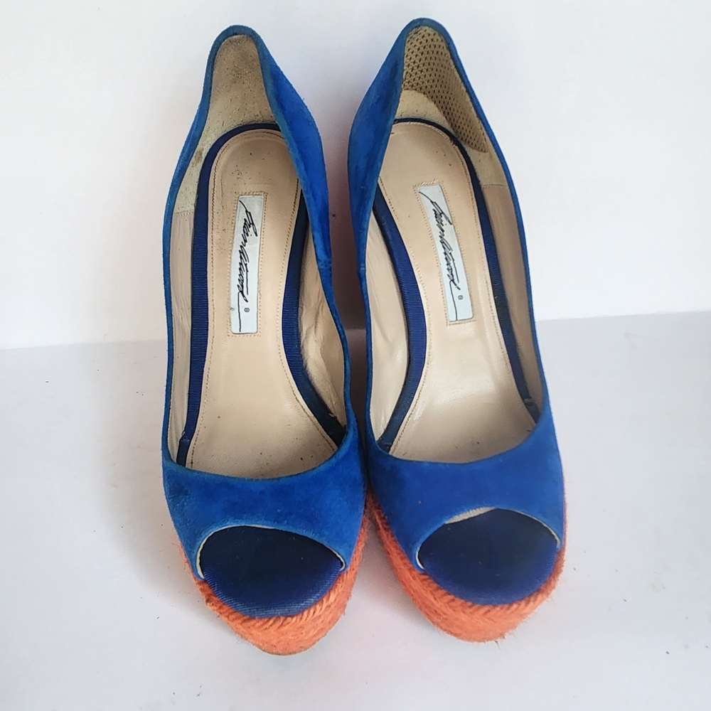 Brian Atwood Vibrant Blue and Orange Suede Wedges